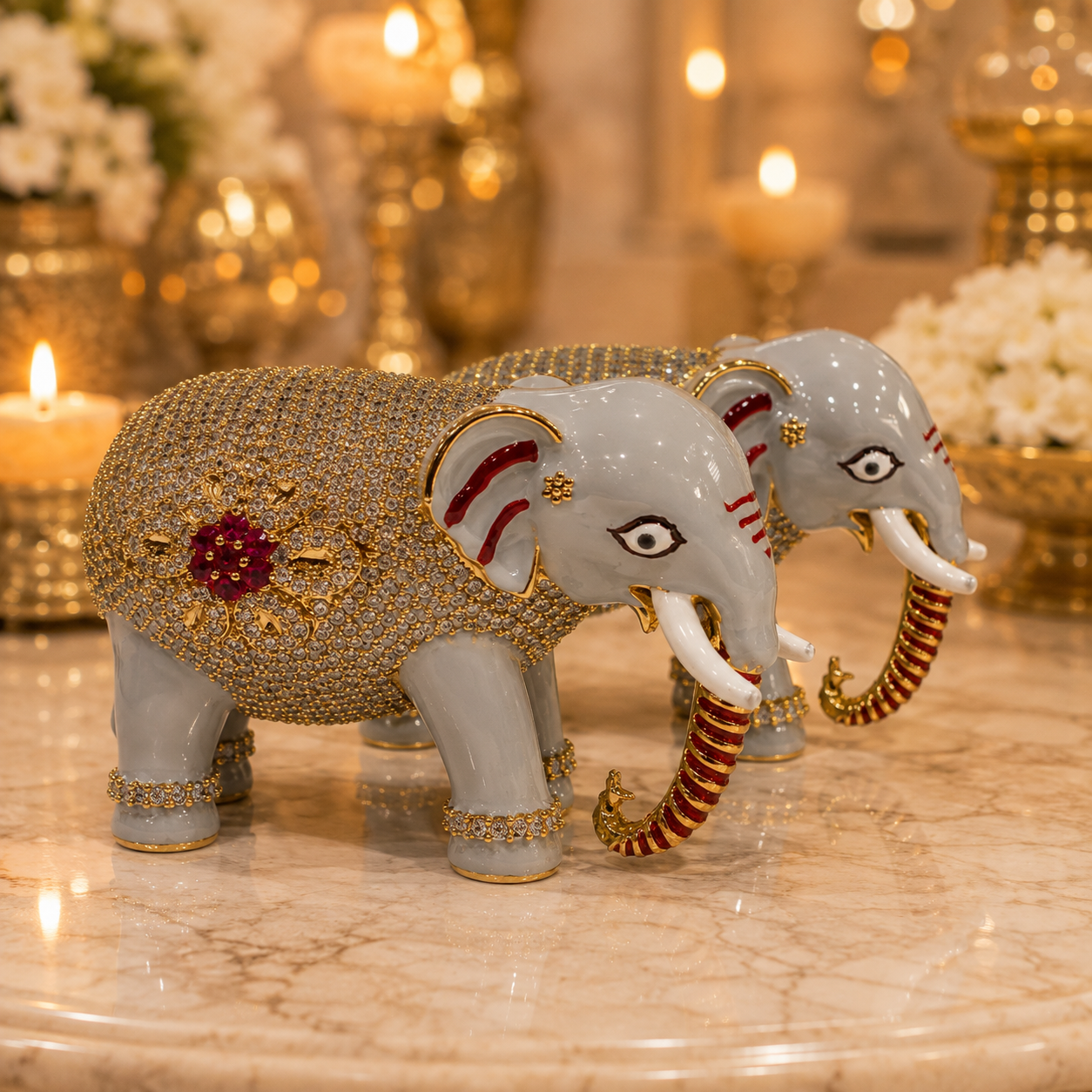 Bansuri Premium Crystal Elephant Showpiece | Luxury Decorative Elephant Figurine | Handmade Gold & Grey Home Décor Statue | Elegant Gift & Vastu Elephant