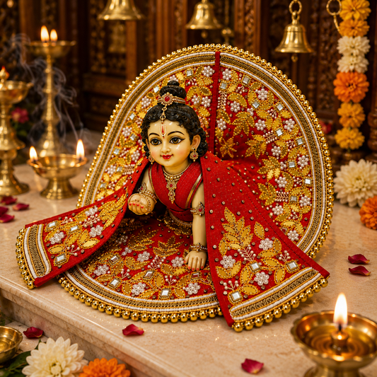 Bansuri Premium Handmade Laddu Gopal Poshak with Decorative Backdrop | Red & Gold Designer Dress with Pearl & Stone Work (RGO260)