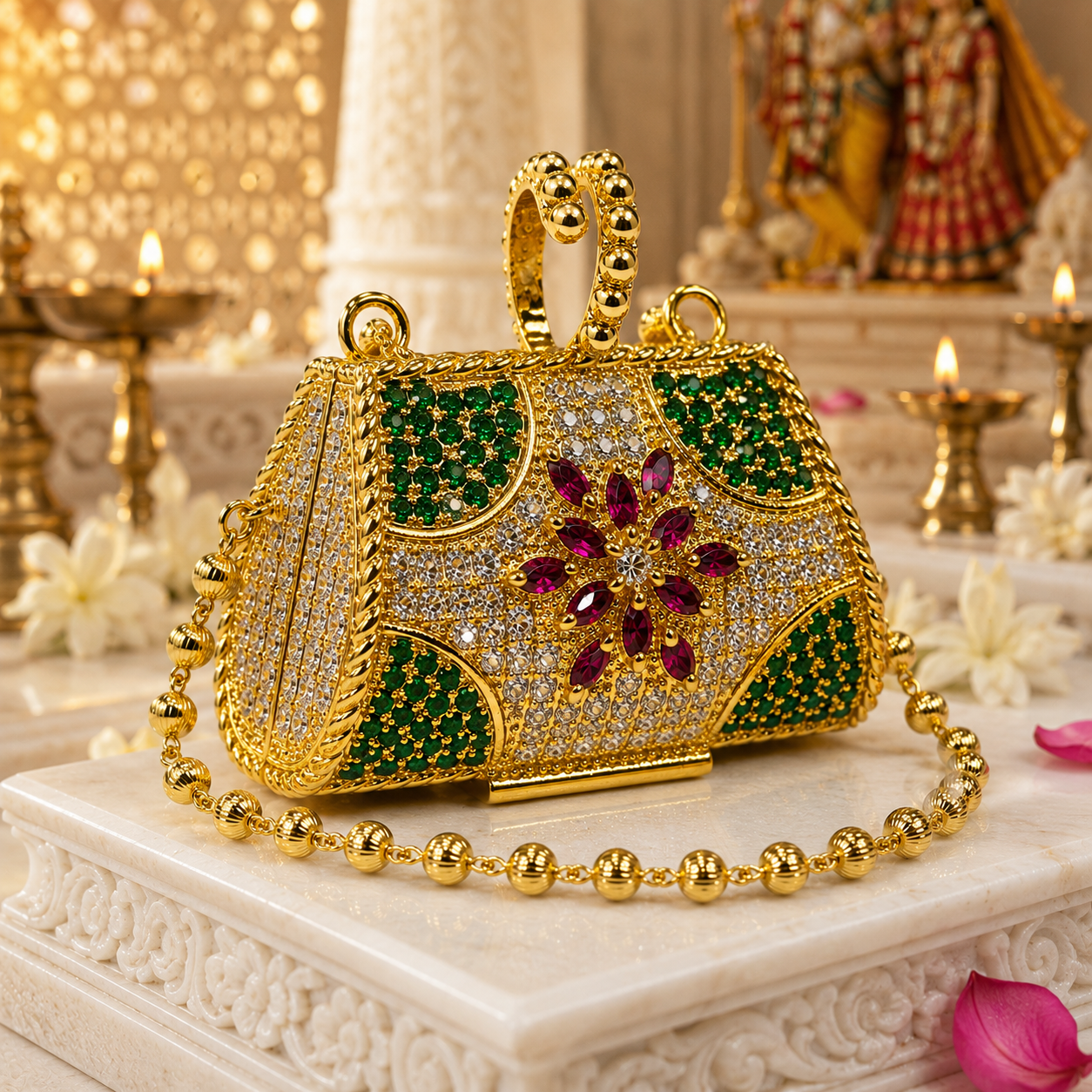 Bansuri Premium Crystal Potli Bag Pendant For Deity Idol | Luxury Handcrafted Temple Purse Ornament For Home Mandir Decor