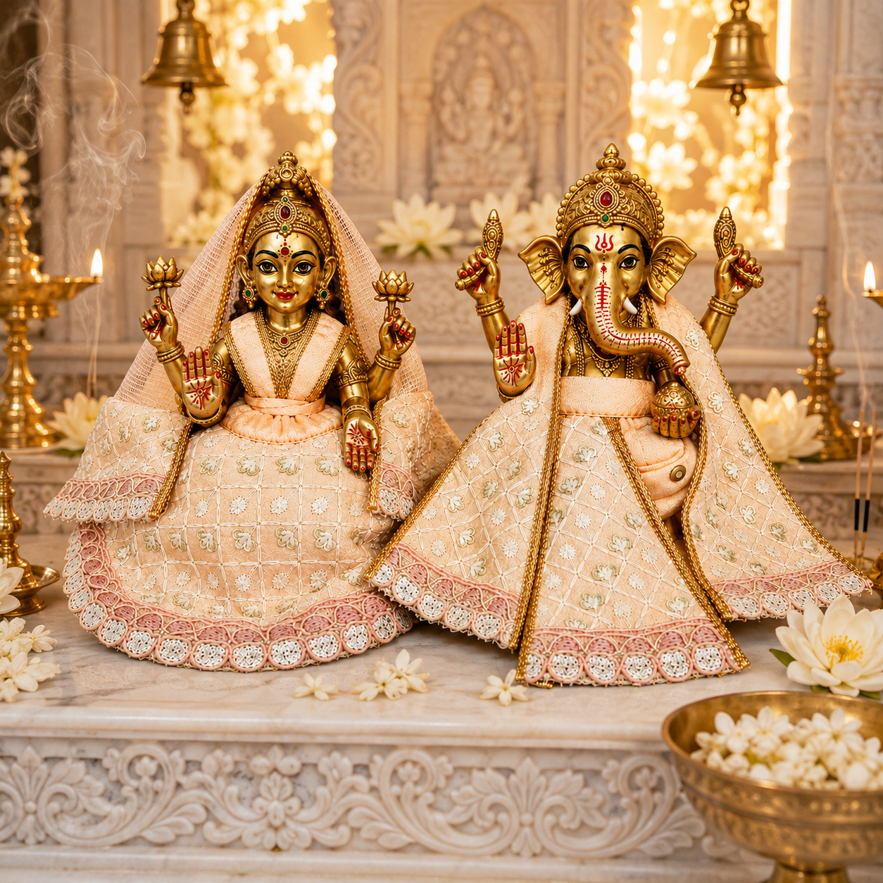 Bansuri Premium Handmade Ganesh Ji Lakshmi Ji Poshak Set | Peach Embroidered Designer Ganesh Lakshmi Dress | Festival & Daily Shringar Collection (PEA266)