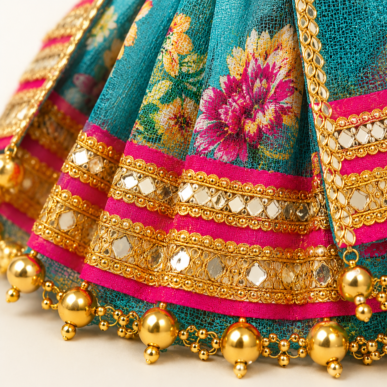 Bansuri Premium Turquoise Blue Floral Ganesh Lakshmi Dress | Designer Deity Poshak with Golden Lace (3 Inch)