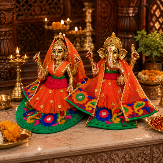 Bansuri Premium Handmade Ganesh Lakshmi Poshak | Designer Ganesh Ji Lakshmi Ji Dress | Orange Embroidered Deity Vastra (ODL113)