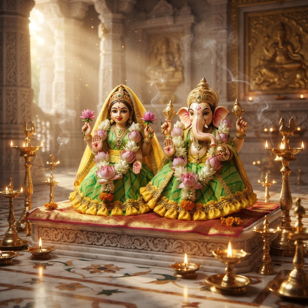 Bansuri Premium Handmade Ganesh Lakshmi Dress | Green & Yellow Deity Poshak | Festival Special (2 Inch)