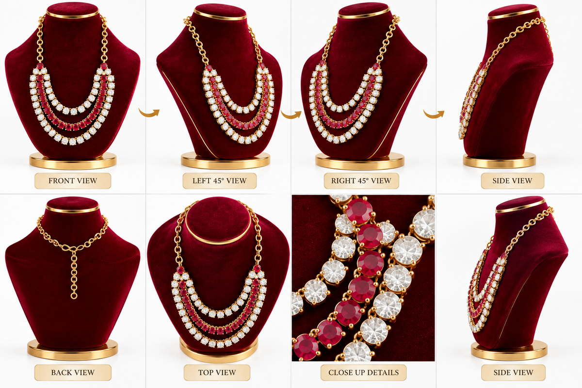 Premium Red & White Stone Deity Necklace for Laddu Gopal & Bhagwan Ji | Bansuri 3-Layer Haar Mala for Bhagwan Ji (N173)