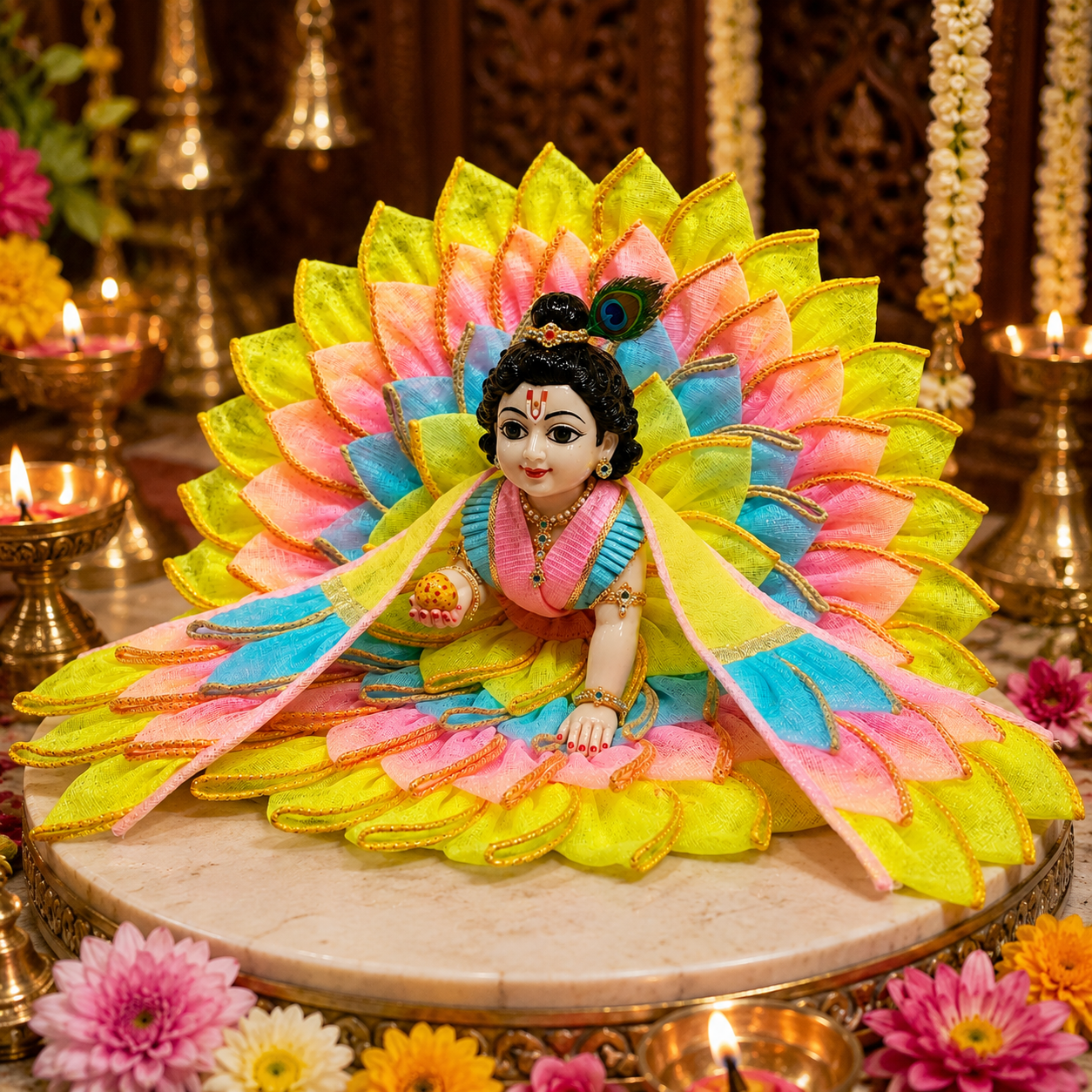 Bansuri Premium Handmade Laddu Gopal Poshak | Designer Kanha Ji Dress with Multicolor Lotus Layered Design | Festive Deity Dress for Janmashtami, Daily Shringar & Temple Decoration (TCO240)