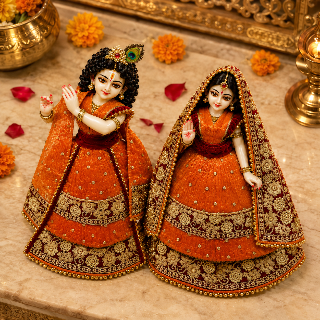 Bansuri Premium Handmade Radha Krishna Poshak | Orange & Maroon Designer Dress with Golden Embroidery (REOR289)