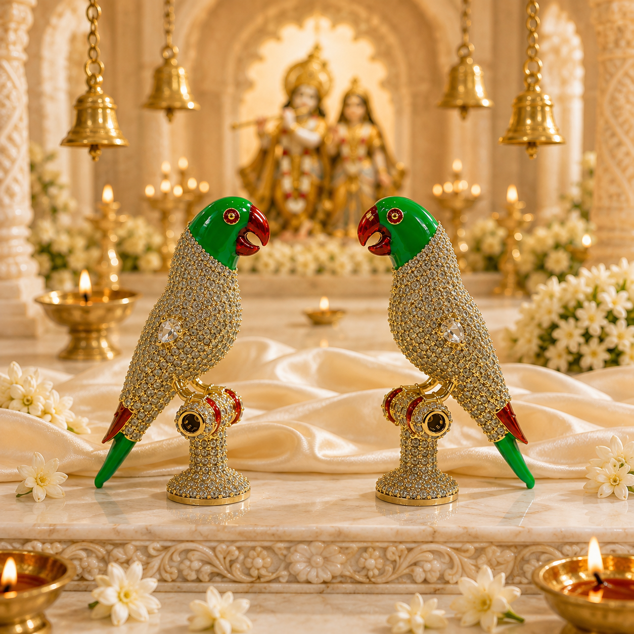 Bansuri Premium Crystal Parrot Showpiece for Home Temple | Luxury Decorative Pair & Single for Radha Krishna & Other Deity Singhasan | Handcrafted Devotional Mandir Decor
