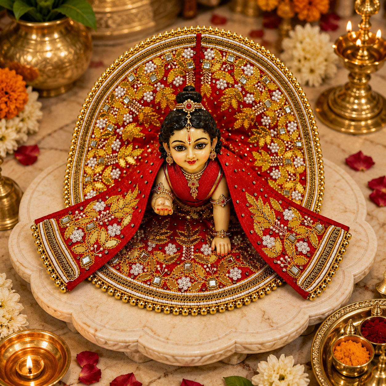 Bansuri Premium Handmade Laddu Gopal Poshak with Decorative Backdrop | Red & Gold Designer Dress with Pearl & Stone Work (RGO260)