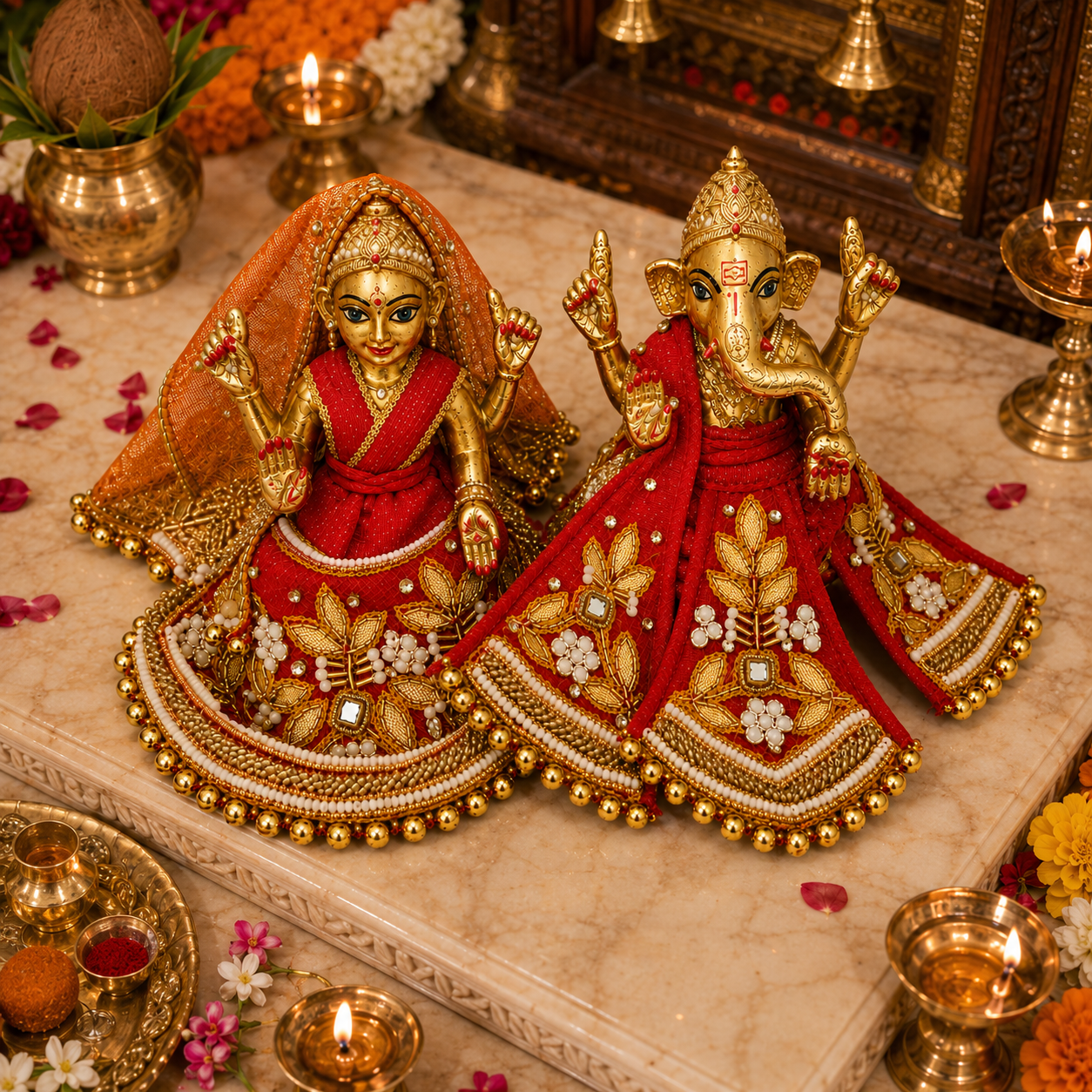 Bansuri Premium Handmade Lakshmi Ganesh Poshak | Red & Gold Designer Dress with Zari & Beadwork (RGO260)