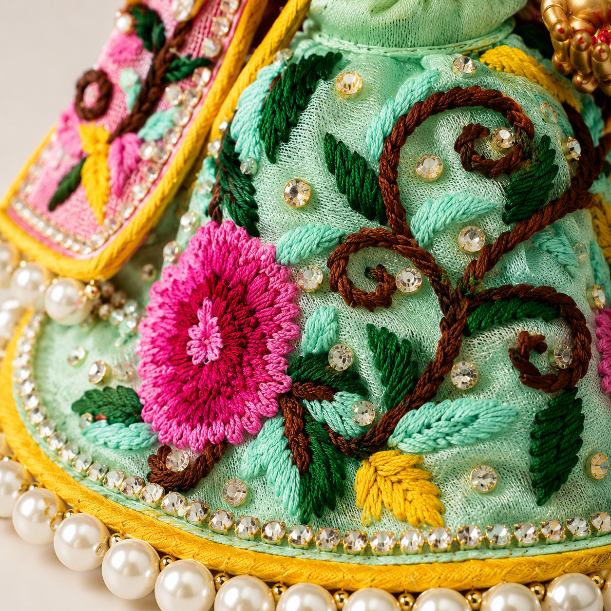 Bansuri Premium Handmade Mint Green Floral Embroidered Ganesh Lakshmi Dress | Designer Deity Poshak with Pearl Work (3.5 Inch)