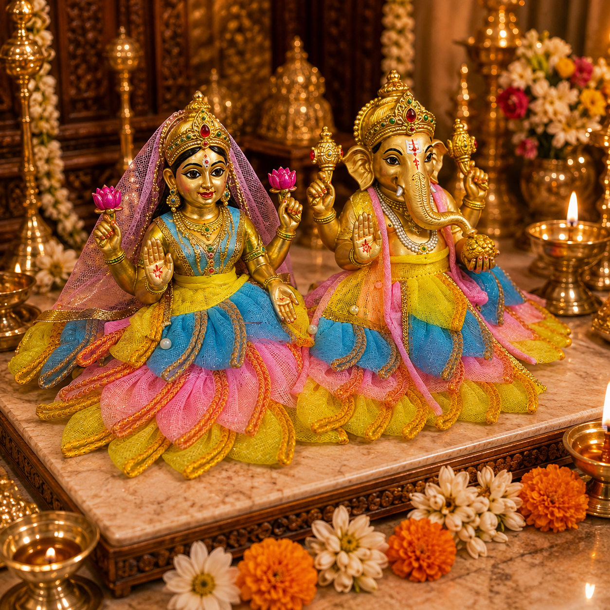 Bansuri Premium Handmade Ganesh Lakshmi Poshak | Designer Ganesh Ji & Lakshmi Ji Dress with Floral Layered Skirt | Festive Deity Dress for Diwali, Ganesh Chaturthi & Daily Shringar (TCO240)