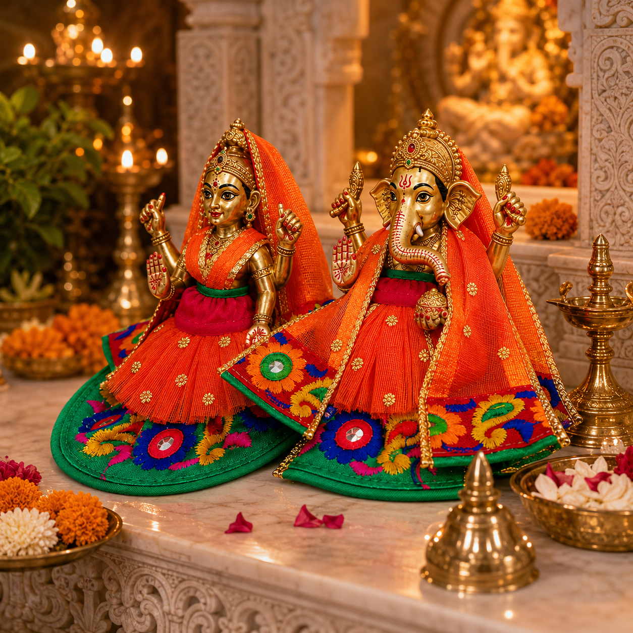 Bansuri Premium Handmade Ganesh Lakshmi Poshak | Designer Ganesh Ji Lakshmi Ji Dress | Orange Embroidered Deity Vastra (ODL113)
