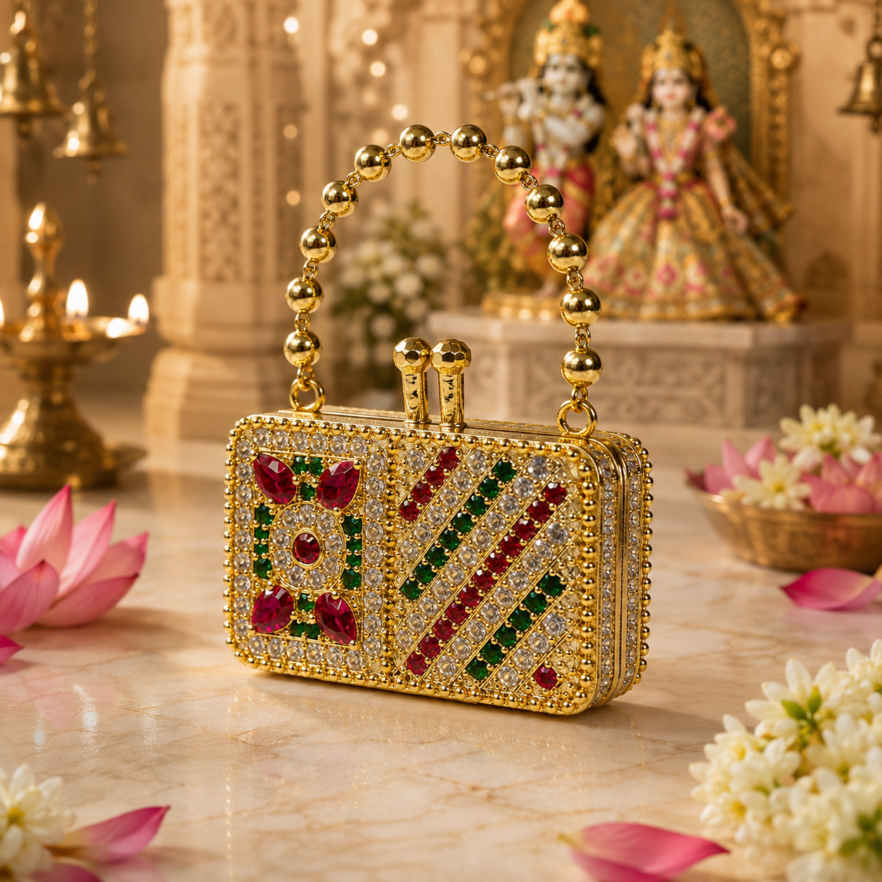 Bansuri Premium Crystal Handbag Pendant For Deity Idol | Luxury Mini Purse Shringar Accessory For Home Temple Decor