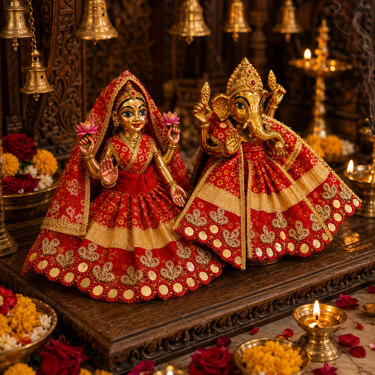 Bansuri Premium Handmade Lakshmi Ganesh Poshak | Red & Gold Designer Dress for Lakshmi Ji and Ganesh Ji (RB262)