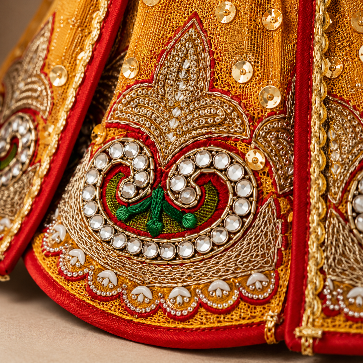 Lakshmi Ganesh Idol Dress | Golden Yellow Deity Outfit with Red Border & Pearl Work | Pooja Murti Vastra – Bansuri MT131GL