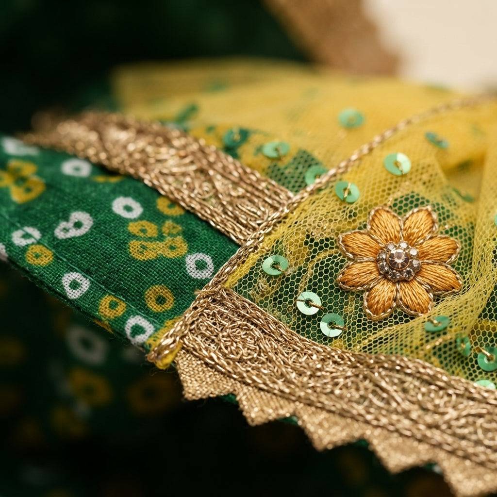 Bansuri Premium Handmade Green Bandhani Ganesh Lakshmi Dress | Yellow Designer Deity Poshak (3.5 Inch)