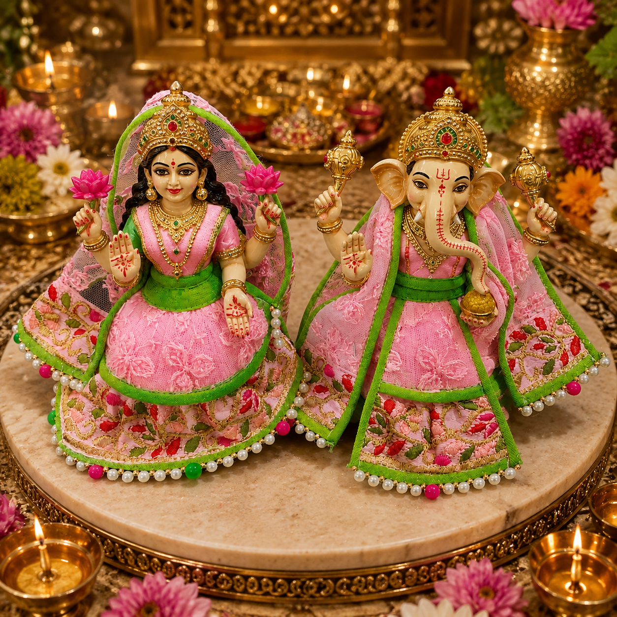 Bansuri Premium Handmade Pink & Green Ganesh Lakshmi Ji Dress Set | Designer Poshak for Ganesh Lakshmi Idol | Festive Pooja Shringar (THPI286)