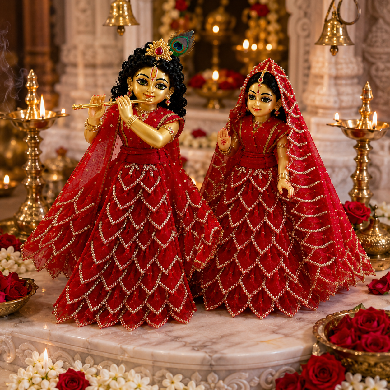 Bansuri Premium Handmade Radha Krishna Poshak Set | Red Pearl Embroidered Radha Krishna Dress | Designer Radha Krishna Shringar Collection (FR239)