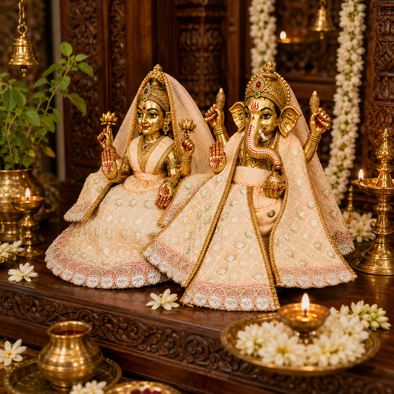 Bansuri Premium Handmade Ganesh Ji Lakshmi Ji Poshak Set | Peach Embroidered Designer Ganesh Lakshmi Dress | Festival & Daily Shringar Collection (PEA266)