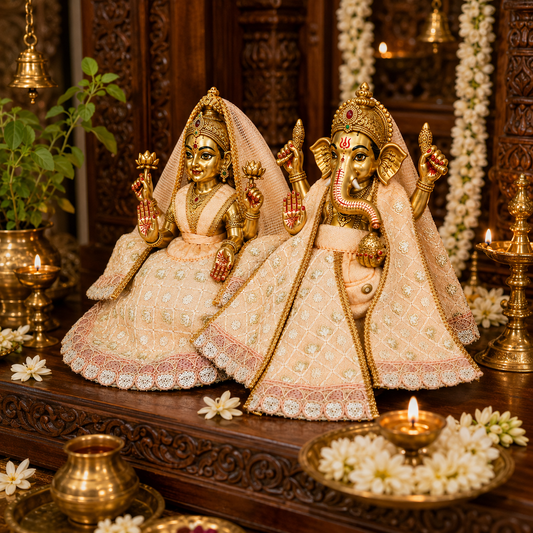 Bansuri Premium Handmade Ganesh Ji Lakshmi Ji Poshak Set | Peach Embroidered Designer Ganesh Lakshmi Dress | Festival & Daily Shringar Collection (PEA266)