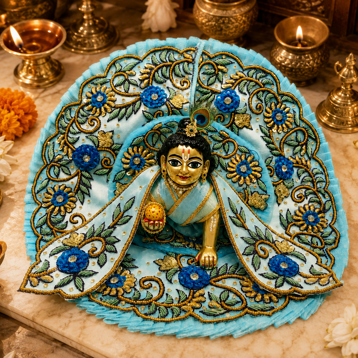 Bansuri Premium Sky Blue Laddu Gopal Ji Dress with Decorative Floral Backdrop | Handmade Designer Poshak for Kanha Ji | Janmashtami & Daily Shringar (SHBL255)