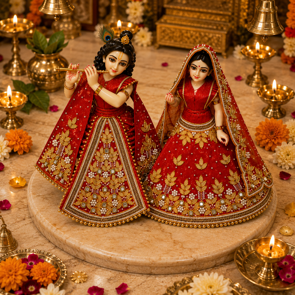 Bansuri Premium Handmade Radha Krishna Poshak | Red & Gold Designer Dress with Pearl, Stone & Beadwork (RGO260)