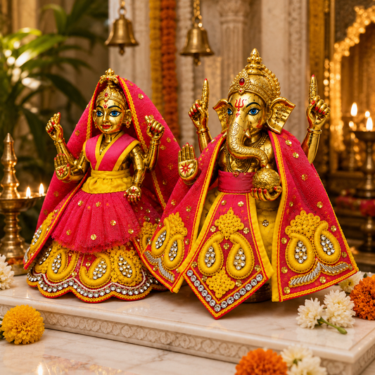 Bansuri Premium Handmade Ganesh Lakshmi Poshak | Designer Ganesh Ji Lakshmi Ji Dress | Yellow & Pink Embroidered Deity Vastra | Festival Collection