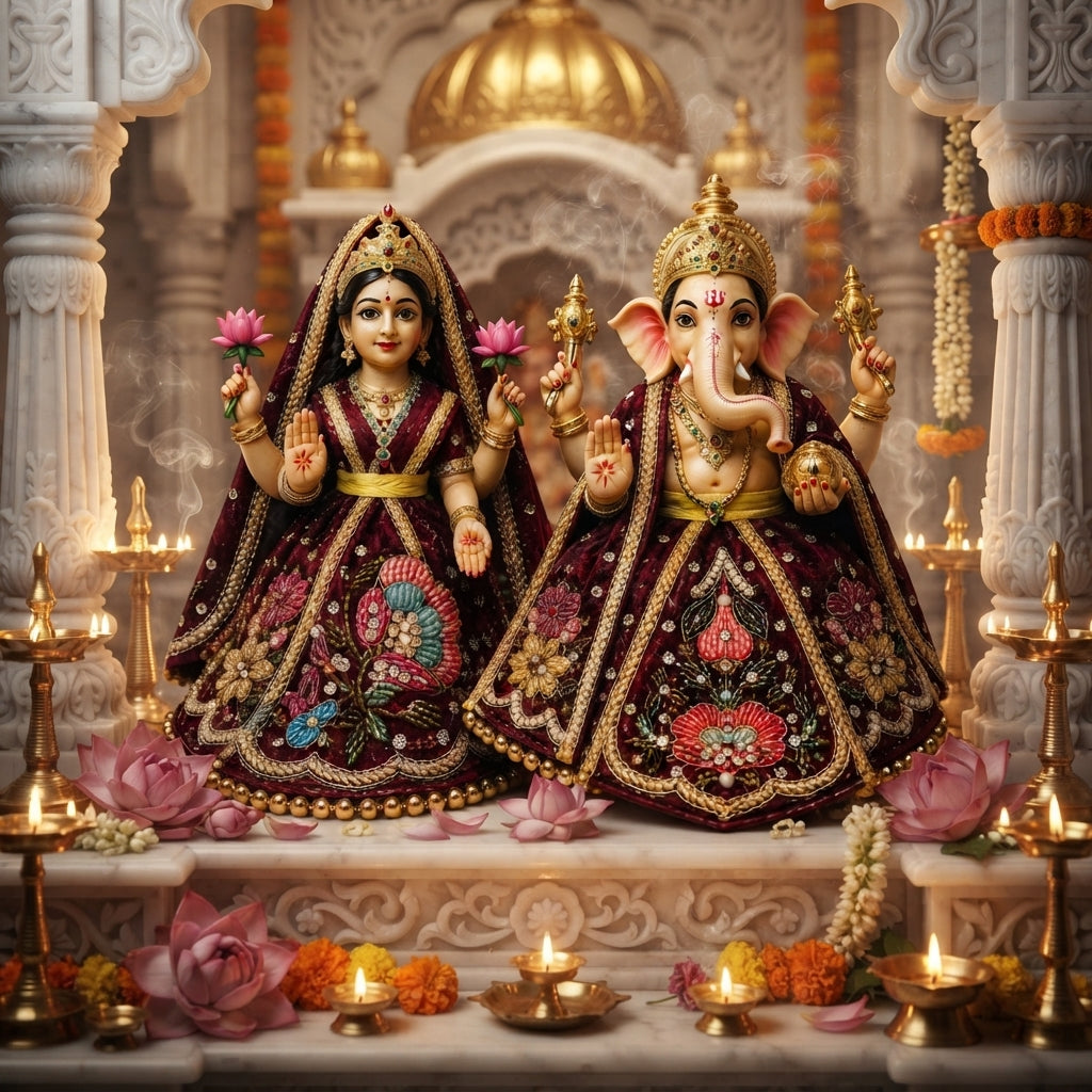 Bansuri Premium Handmade Maroon Embroidered Ganesh Lakshmi Dress | Designer Velvet Deity Poshak (2 Inch)