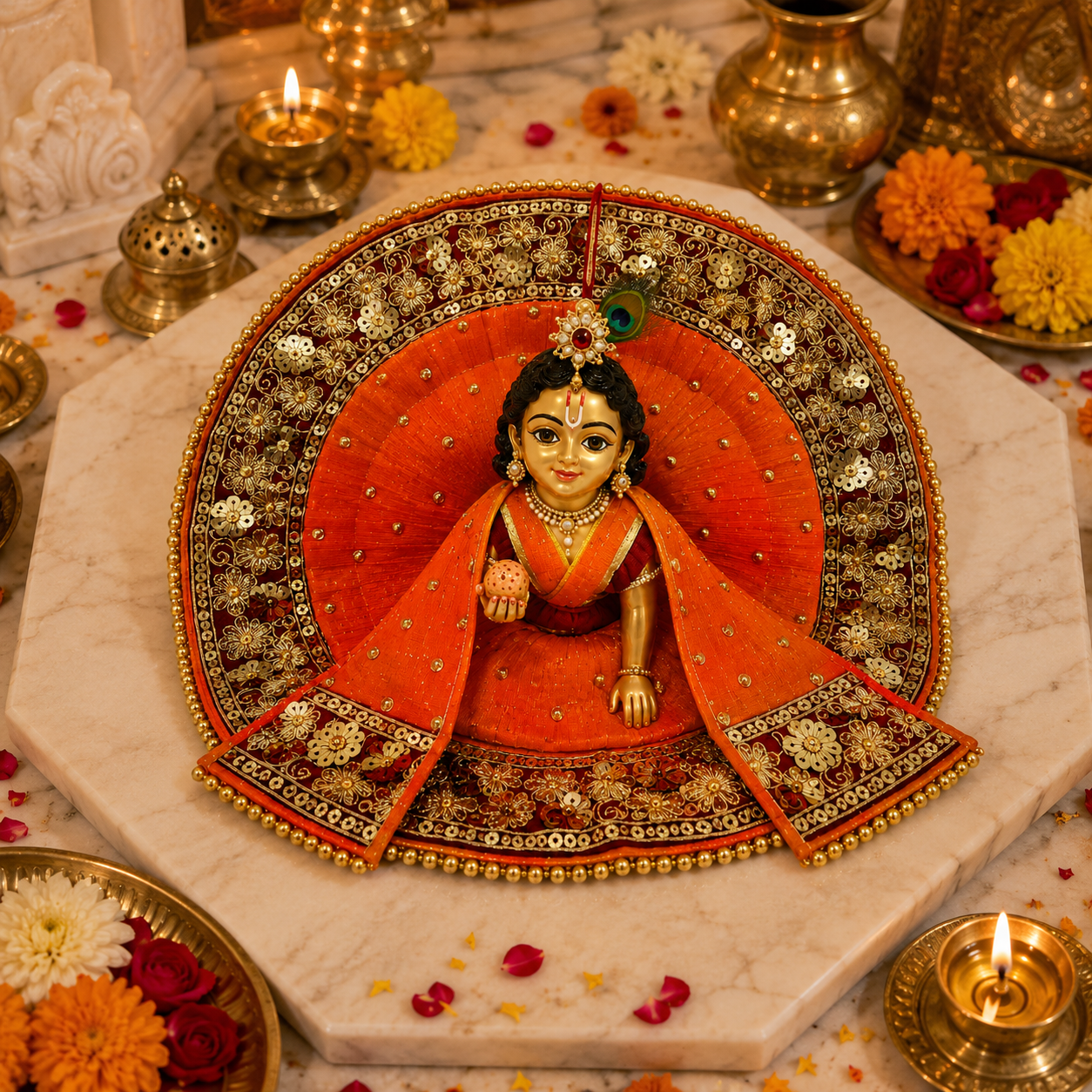 Bansuri Premium Handmade Laddu Gopal Poshak with Decorative Backdrop | Orange & Gold Designer Dress (REOR289)