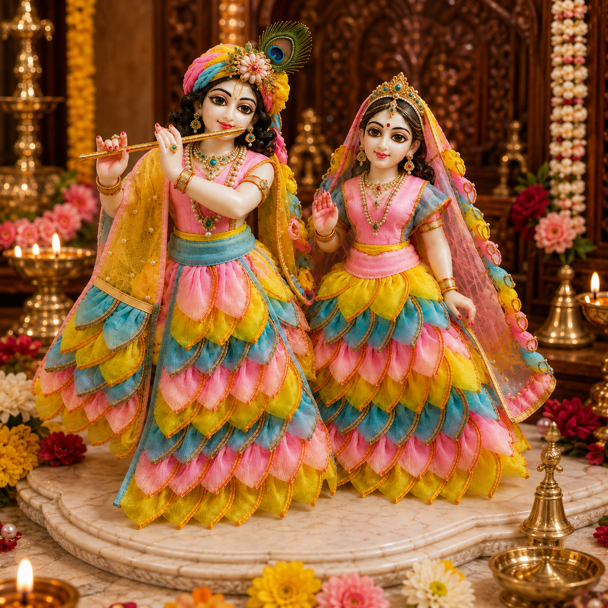 Bansuri Premium Handmade Radha Krishna Poshak | Designer Radha Rani & Krishna Ji Dress with Layered Floral Design | Festive Deity Dress for Janmashtami, Radhashtami & Daily Shringar (TCO240)