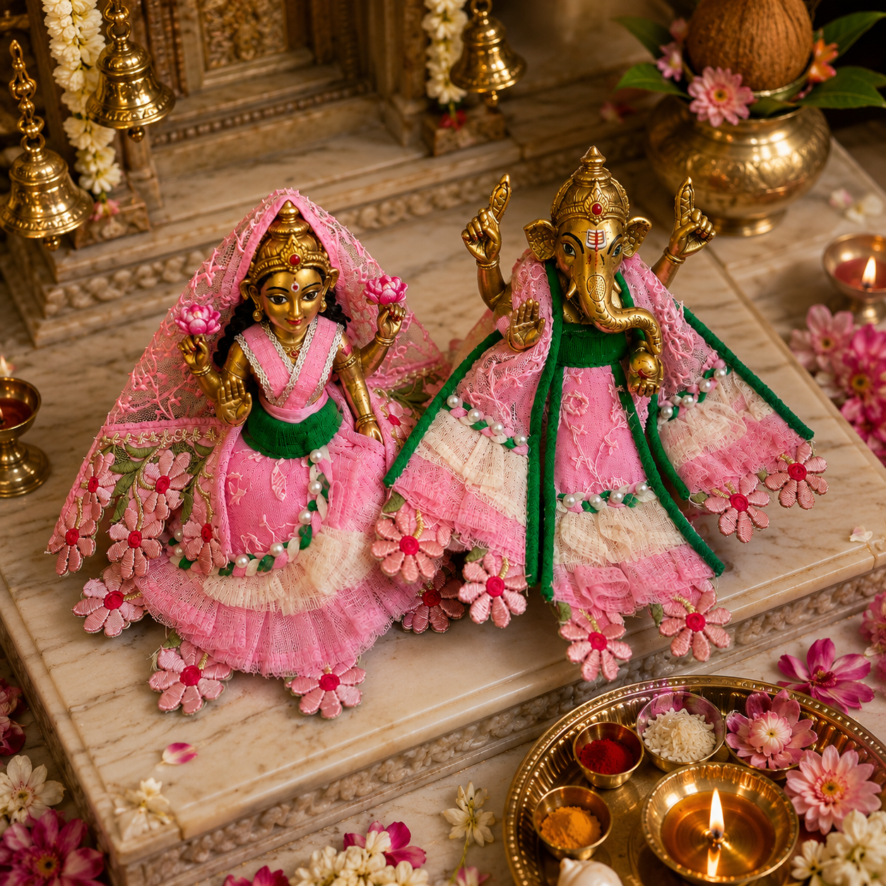 Bansuri Premium Handmade Ganesh Ji Lakshmi Ji Poshak Set | Pink Green Floral Embroidered Ganesh Lakshmi Dress | Designer Festival Shringar Collection (PIGR241)