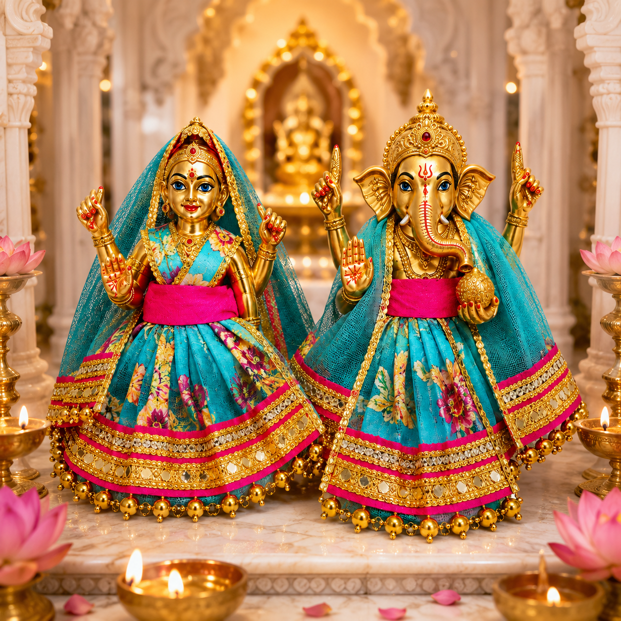 Bansuri Premium Turquoise Blue Floral Ganesh Lakshmi Dress | Designer Deity Poshak with Golden Lace (3 Inch)