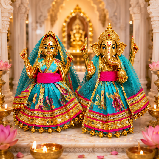 Bansuri Premium Turquoise Blue Floral Ganesh Lakshmi Dress | Designer Deity Poshak with Golden Lace (3 Inch)