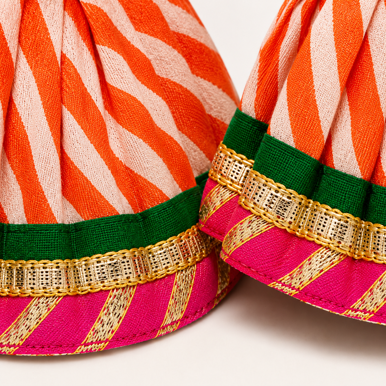 Bansuri Premium Orange & White Ganesh Lakshmi Dress | Designer Poshak with Pink Green & Golden Border (5 Inch)
