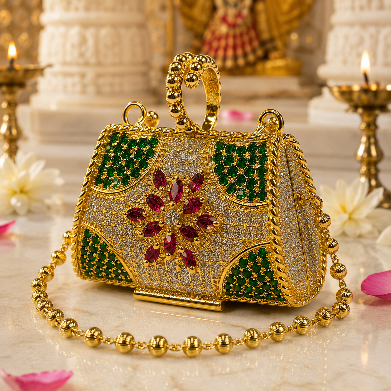 Bansuri Premium Crystal Potli Bag Pendant For Deity Idol | Luxury Handcrafted Temple Purse Ornament For Home Mandir Decor