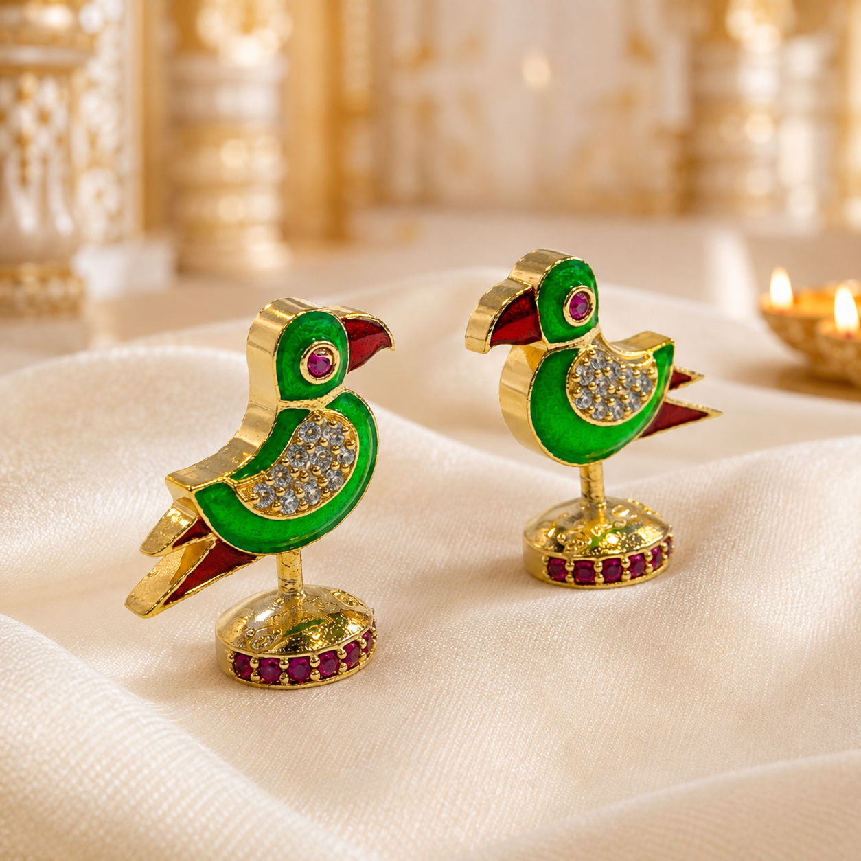 Bansuri Premium Crystal Parrot Showpiece for Home Temple | Luxury Decorative Pair for Radha Krishna & Other Deity Singhasan | Handcrafted Devotional Mandir Decor