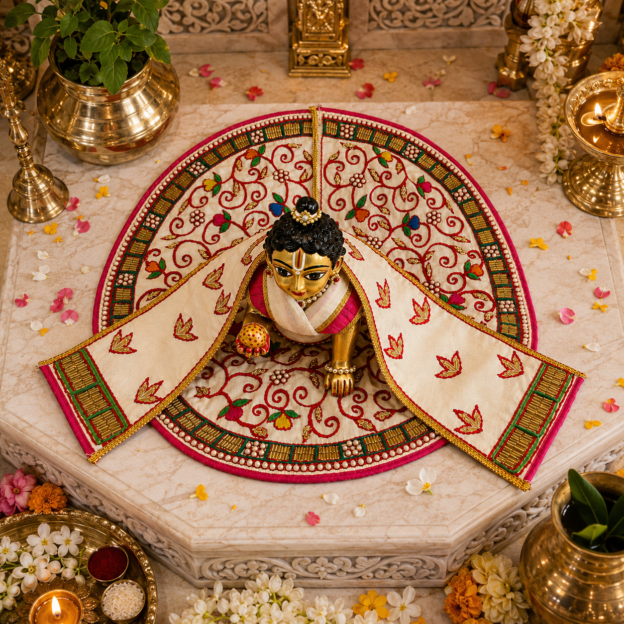 Bansuri Premium Handmade Laddu Gopal Poshak with Decorative Backdrop | Cream Pink Floral Embroidered Kanha Ji Dress | Designer Janmashtami Shringar Collection (152)