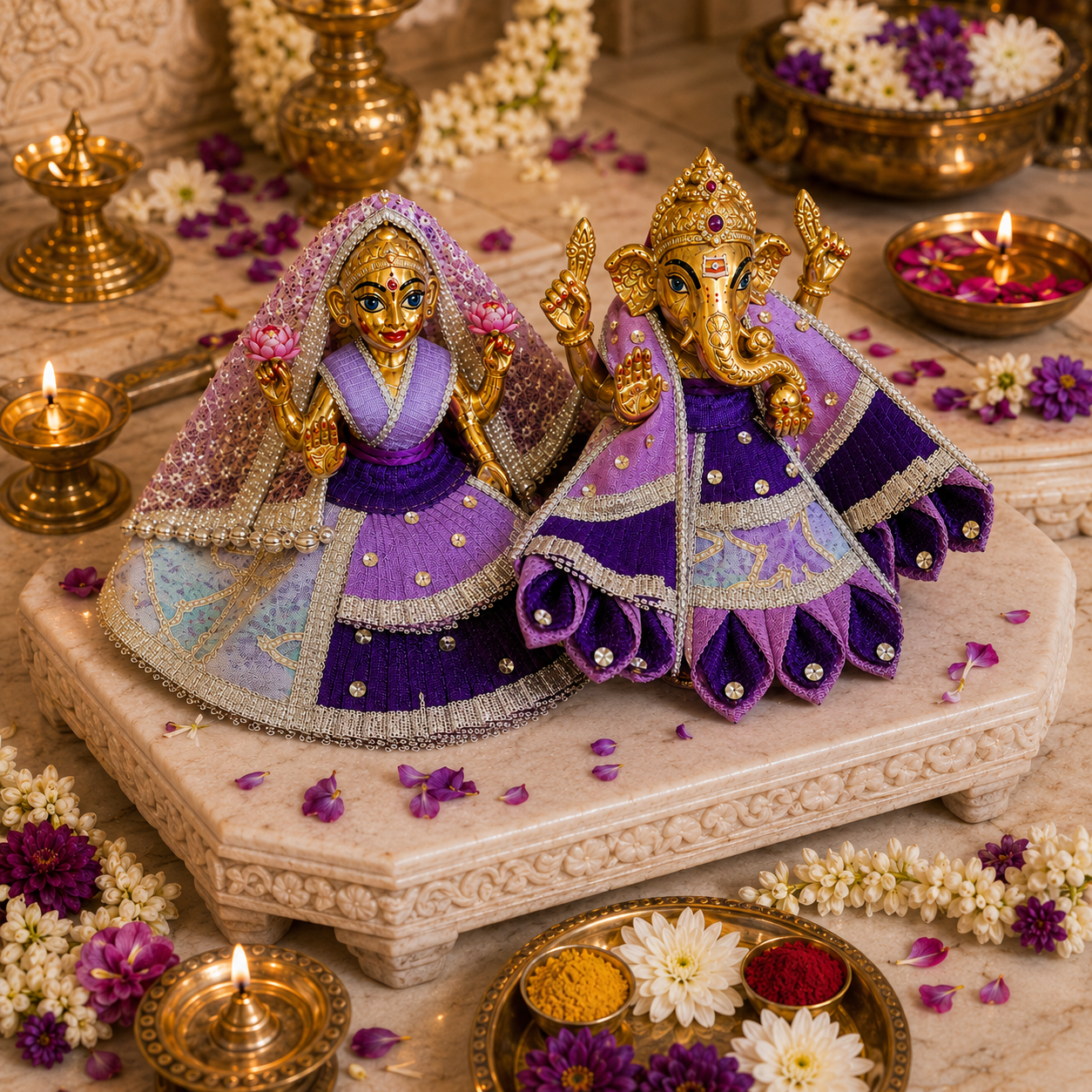 Bansuri Premium Handmade Ganesh Lakshmi Poshak – Purple & Lavender Designer Ganesh Ji Lakshmi Ji Dress for Festival, Pooja & Temple Decoration (PUR221)