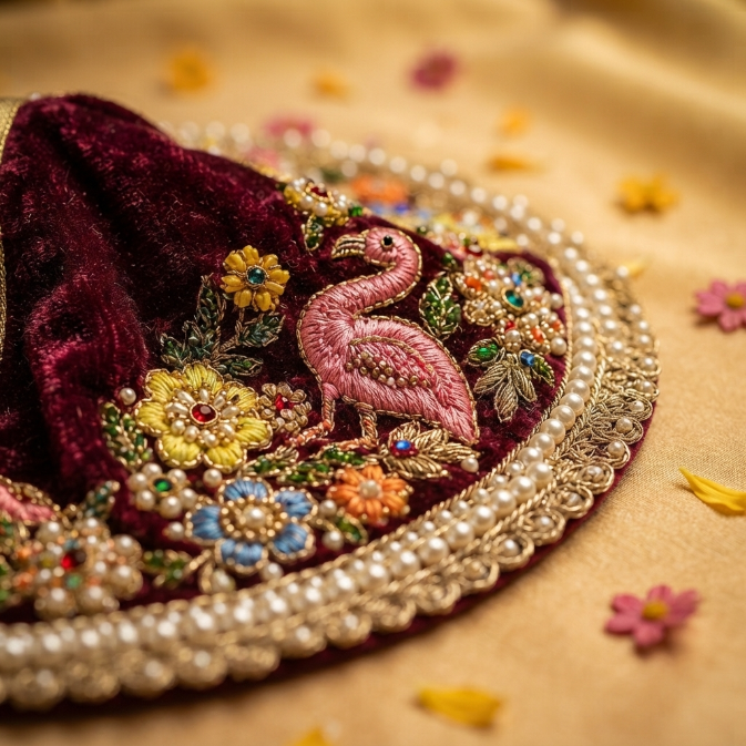 Bansuri Premium Handmade Maroon Floral Embroidered Laddu Gopal Dress | Designer Velvet Poshak (8 Inch)