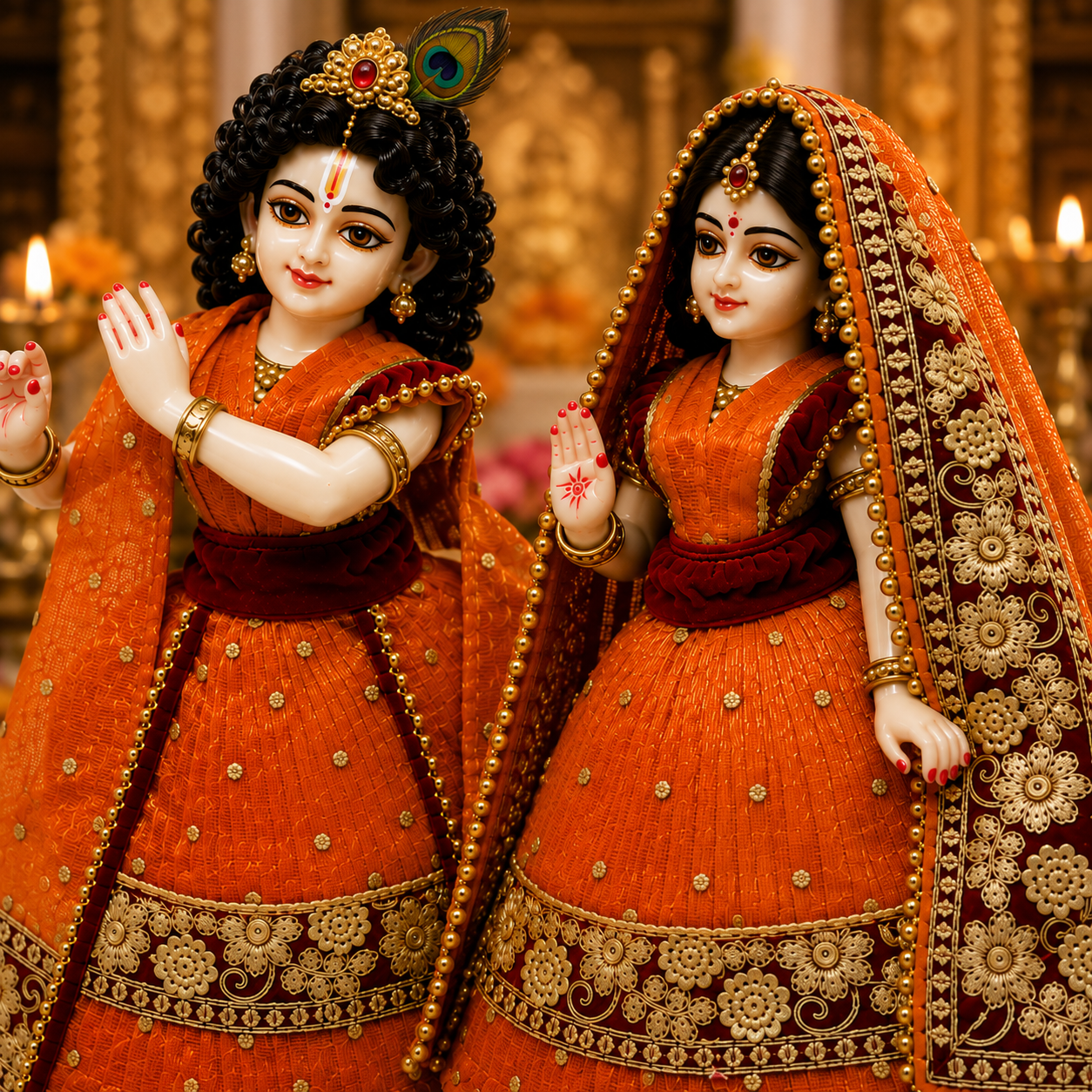Bansuri Premium Handmade Radha Krishna Poshak | Orange & Maroon Designer Dress with Golden Embroidery (REOR289)