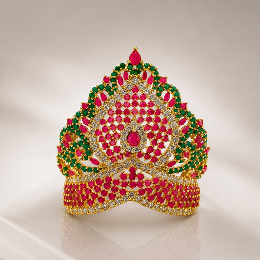 Bansuri Premium Handmade Ruby Green Stone Gold Finish Deity Mukut | Luxury Divine Crown for God Idol