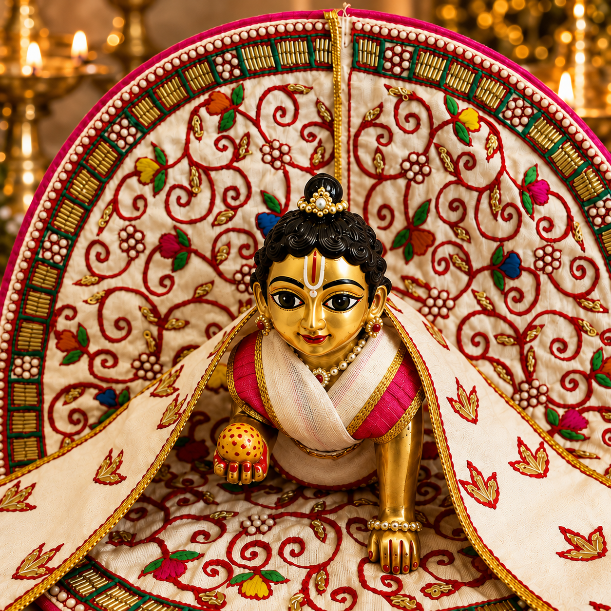 Bansuri Premium Handmade Laddu Gopal Poshak with Decorative Backdrop | Cream Pink Floral Embroidered Kanha Ji Dress | Designer Janmashtami Shringar Collection (152)