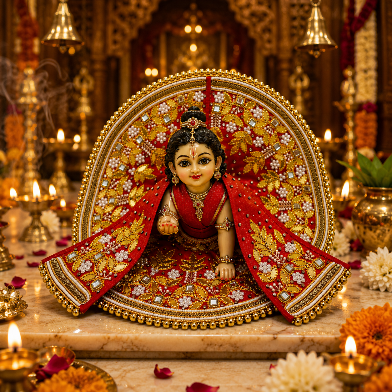 Bansuri Premium Handmade Laddu Gopal Poshak with Decorative Backdrop | Red & Gold Designer Dress with Pearl & Stone Work (RGO260)