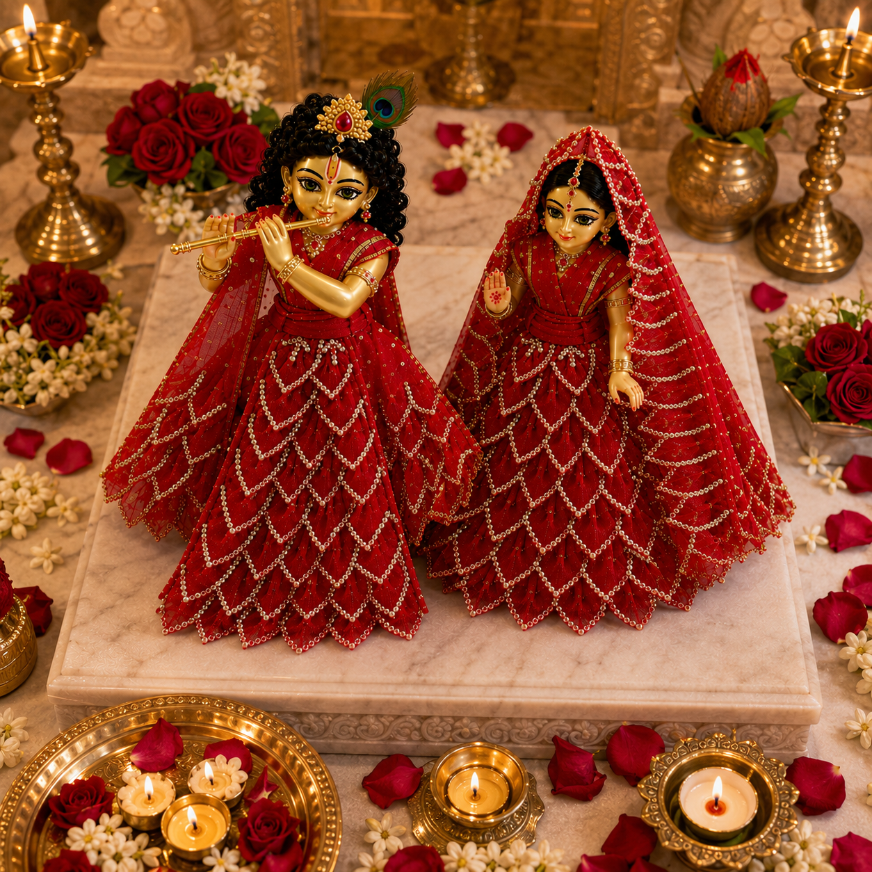 Bansuri Premium Handmade Radha Krishna Poshak Set | Red Pearl Embroidered Radha Krishna Dress | Designer Radha Krishna Shringar Collection (FR239)