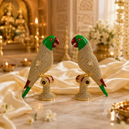 Bansuri Premium Crystal Parrot Showpiece for Home Temple | Luxury Decorative Pair & Single for Radha Krishna & Other Deity Singhasan | Handcrafted Devotional Mandir Decor