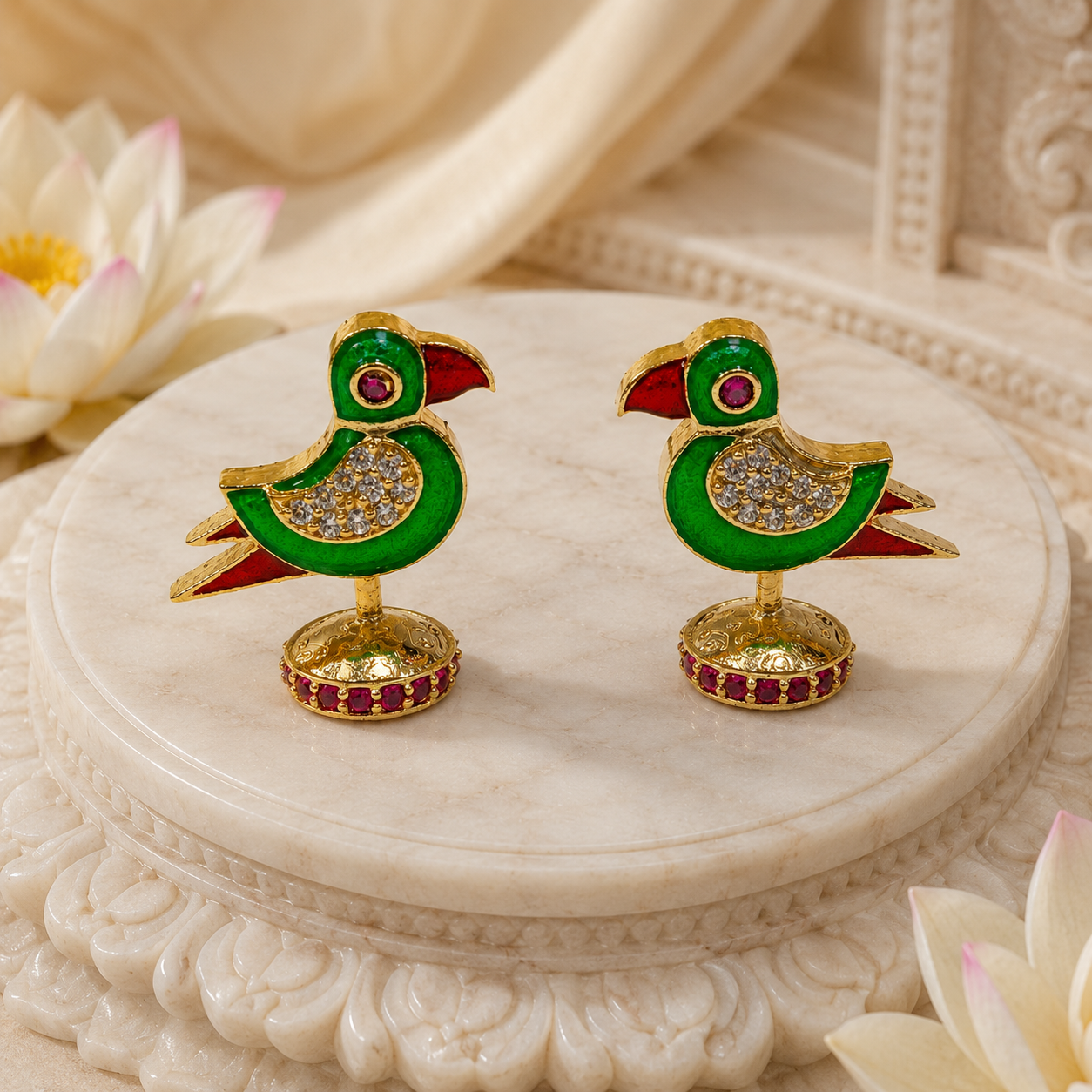 Bansuri Premium Crystal Parrot Showpiece for Home Temple | Luxury Decorative Pair for Radha Krishna & Other Deity Singhasan | Handcrafted Devotional Mandir Decor