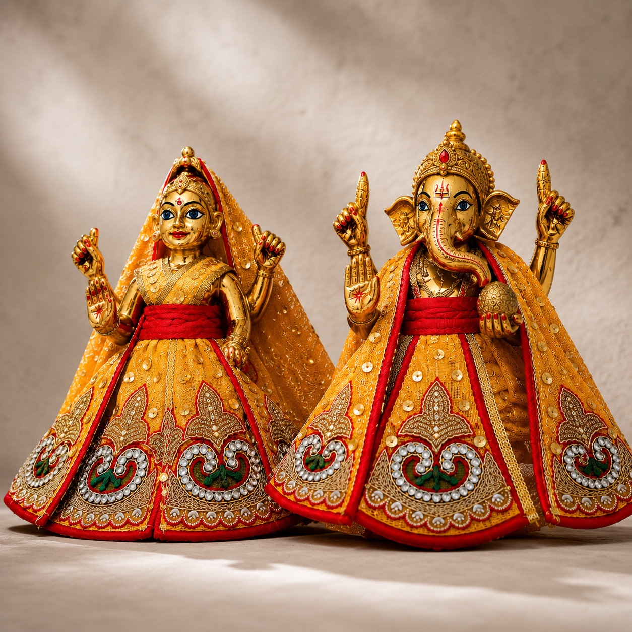 Lakshmi Ganesh Idol Dress | Golden Yellow Deity Outfit with Red Border & Pearl Work | Pooja Murti Vastra – Bansuri MT131GL