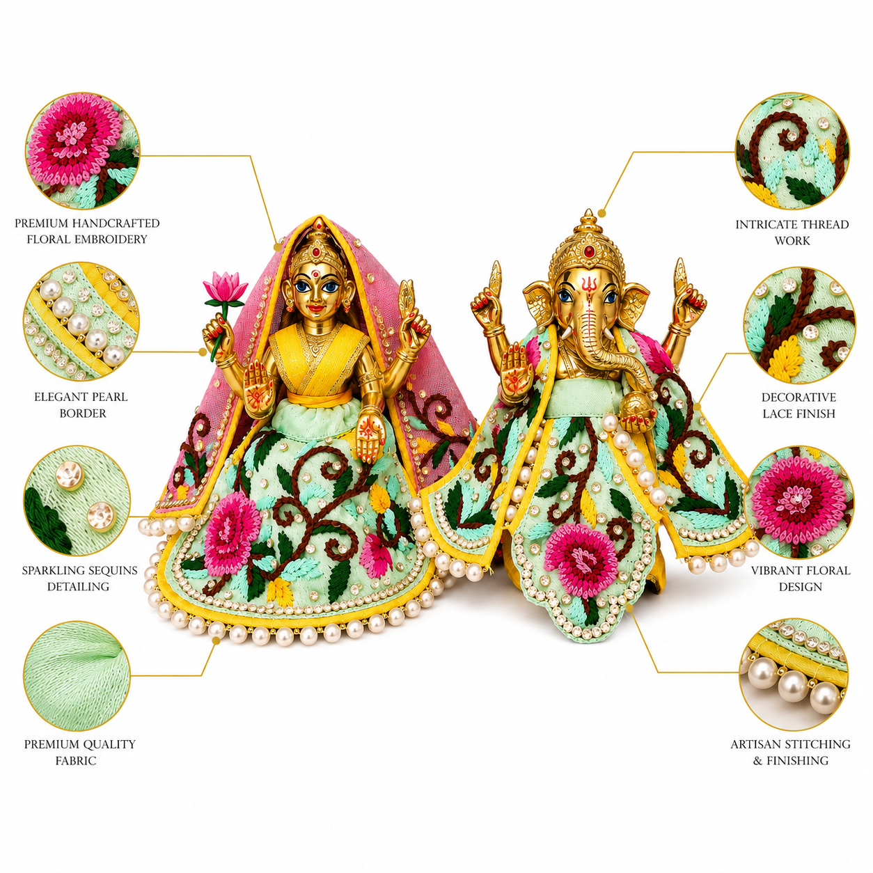 Bansuri Premium Handmade Mint Green Floral Embroidered Ganesh Lakshmi Dress | Designer Deity Poshak with Pearl Work (3.5 Inch)