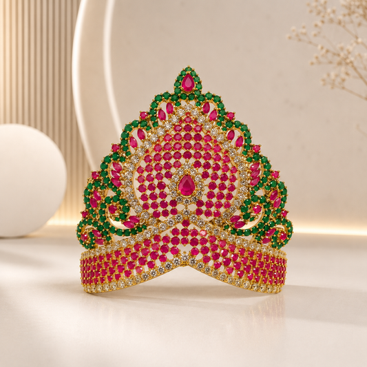 Bansuri Premium Ruby & Emerald Stone Studded Gold Finish Deity Mukut for Laddu Gopal, Krishna Ji & God Idols