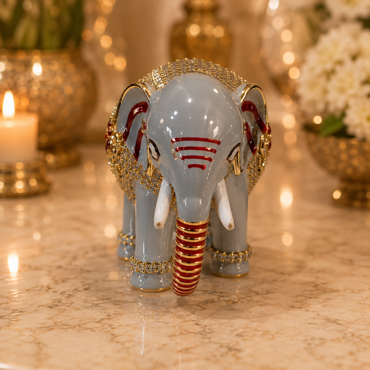Bansuri Premium Crystal Elephant Showpiece | Luxury Decorative Elephant Figurine | Handmade Gold & Grey Home Décor Statue | Elegant Gift & Vastu Elephant